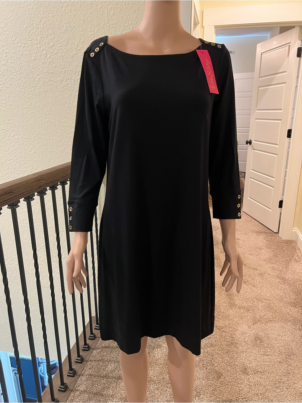 Lilly Pulitzer Black Boatneck Shift Dress with Gold Grommet Accents